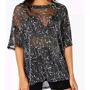 Womens Sheer Mesh Black Star Constellation Print Blouse Top Size L Oversized Fit